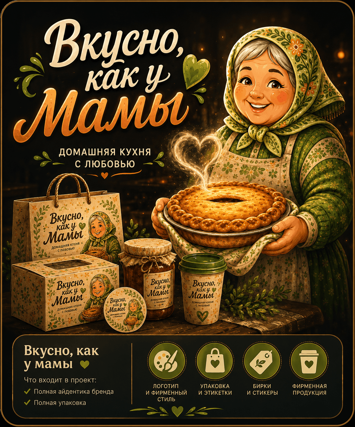 Вкусно, как у мамы: Brand Identity / Visual System / Telegram Packaging / Menu Design